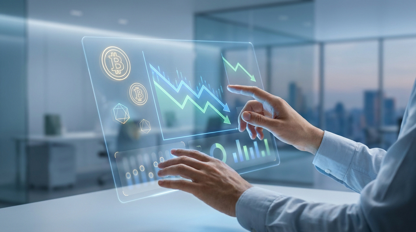Mains d'une personne manipulant une interface holographique futuriste affichant des graphiques de cours Bitcoin.