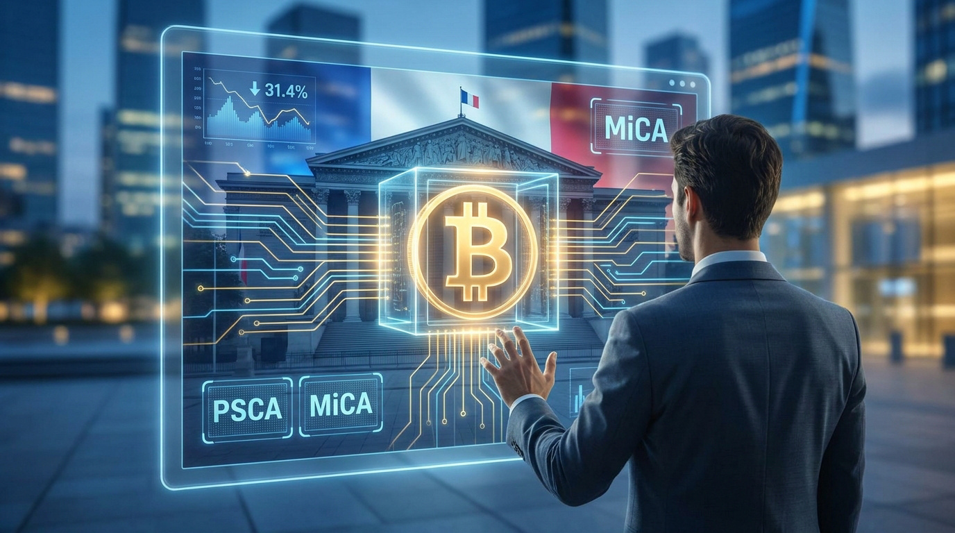 Un homme en costume interagit avec une interface holographique affichant le Bitcoin, le drapeau français et les normes MiCA.