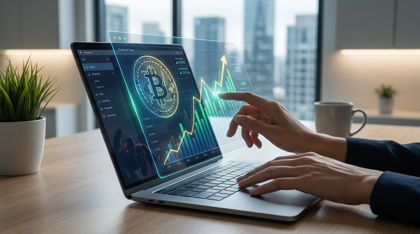 Personne utilisant un ordinateur avec une interface holographique affichant le cours et le symbole du Bitcoin.