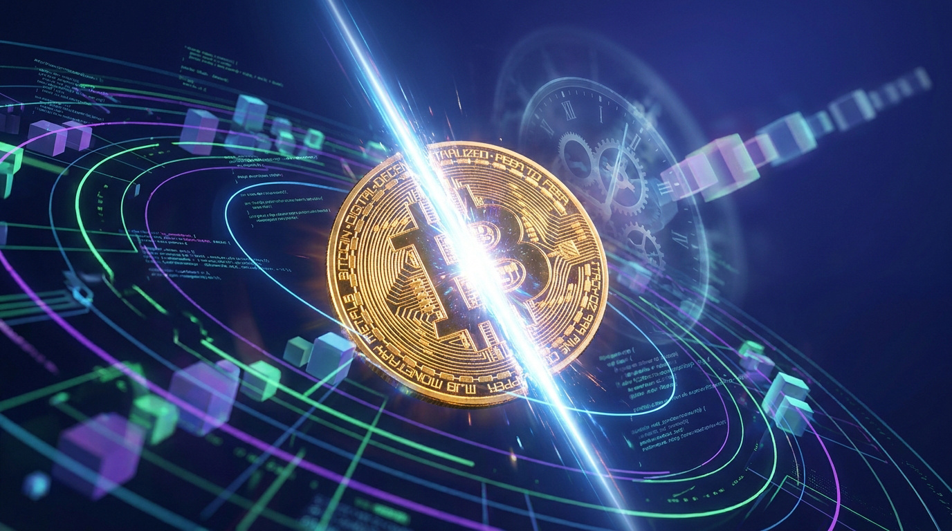 Une pièce d'or Bitcoin scindée par un rayon lumineux au milieu d'un environnement numérique futuriste avec des données.