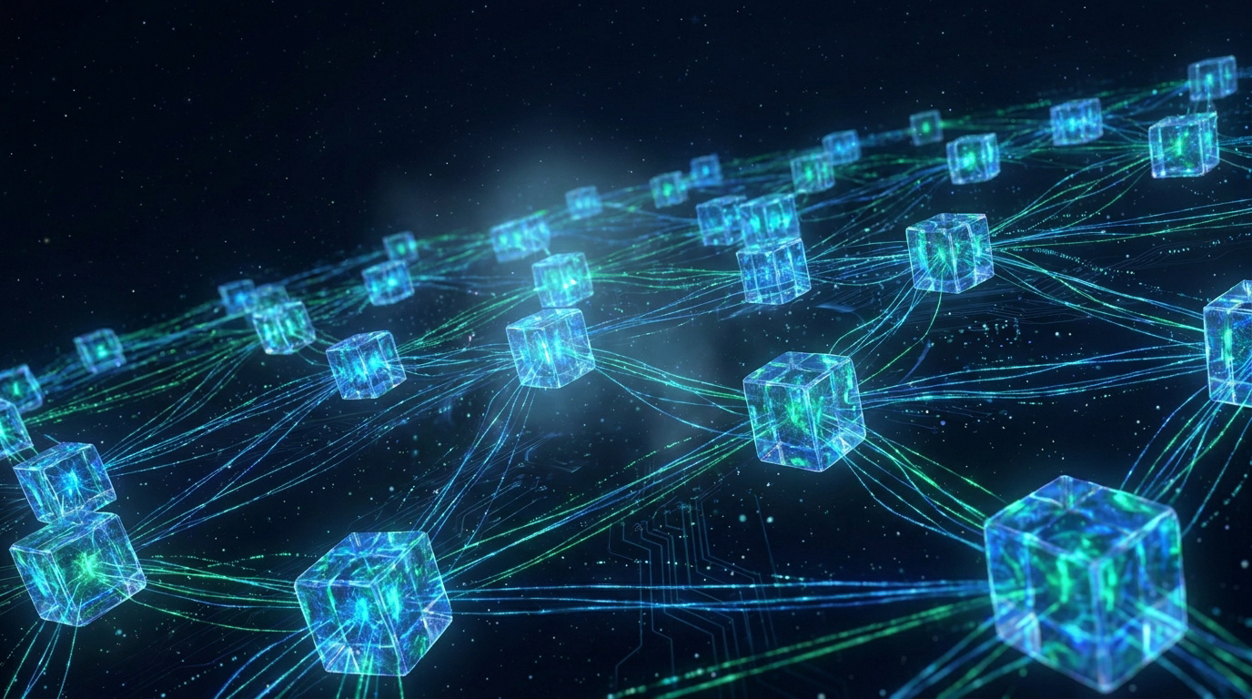 Représentation numérique d'un réseau blockchain avec des blocs lumineux interconnectés sur un fond sombre.