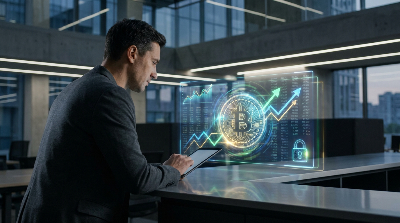 Un homme d'affaires utilise une tablette affichant un hologramme interactif de cours du Bitcoin dans un bureau moderne.