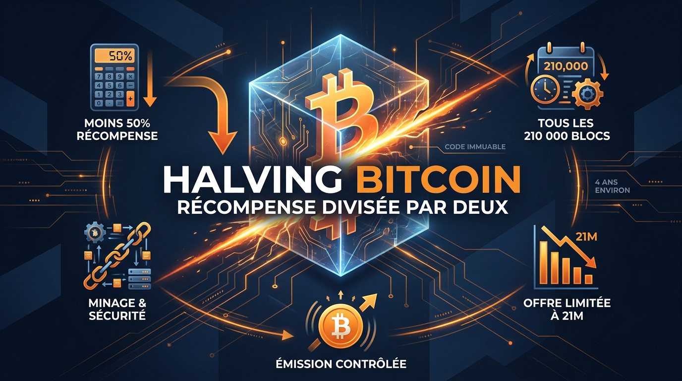 Illustration de la réduction de la récompense de bloc lors du halving Bitcoin