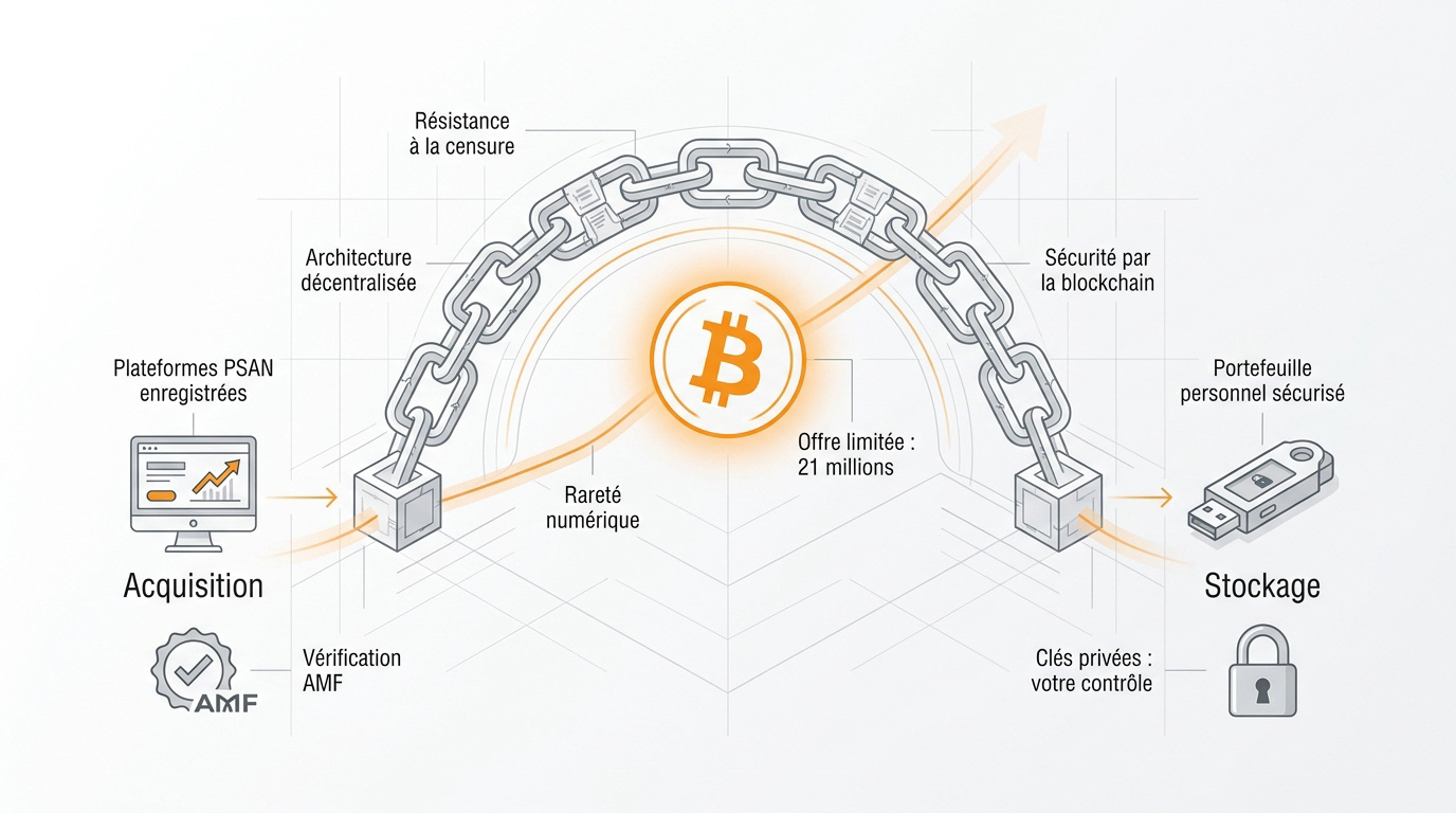 Infographie expliquant le processus d'acquisition, de sécurisation et de stockage du Bitcoin