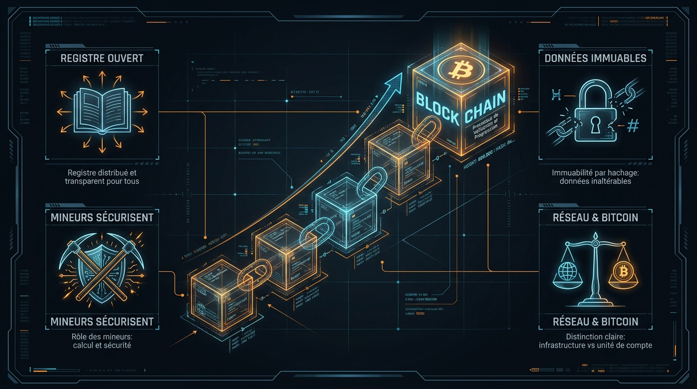 Infographie résumant les concepts de décentralisation et de minage du Bitcoin