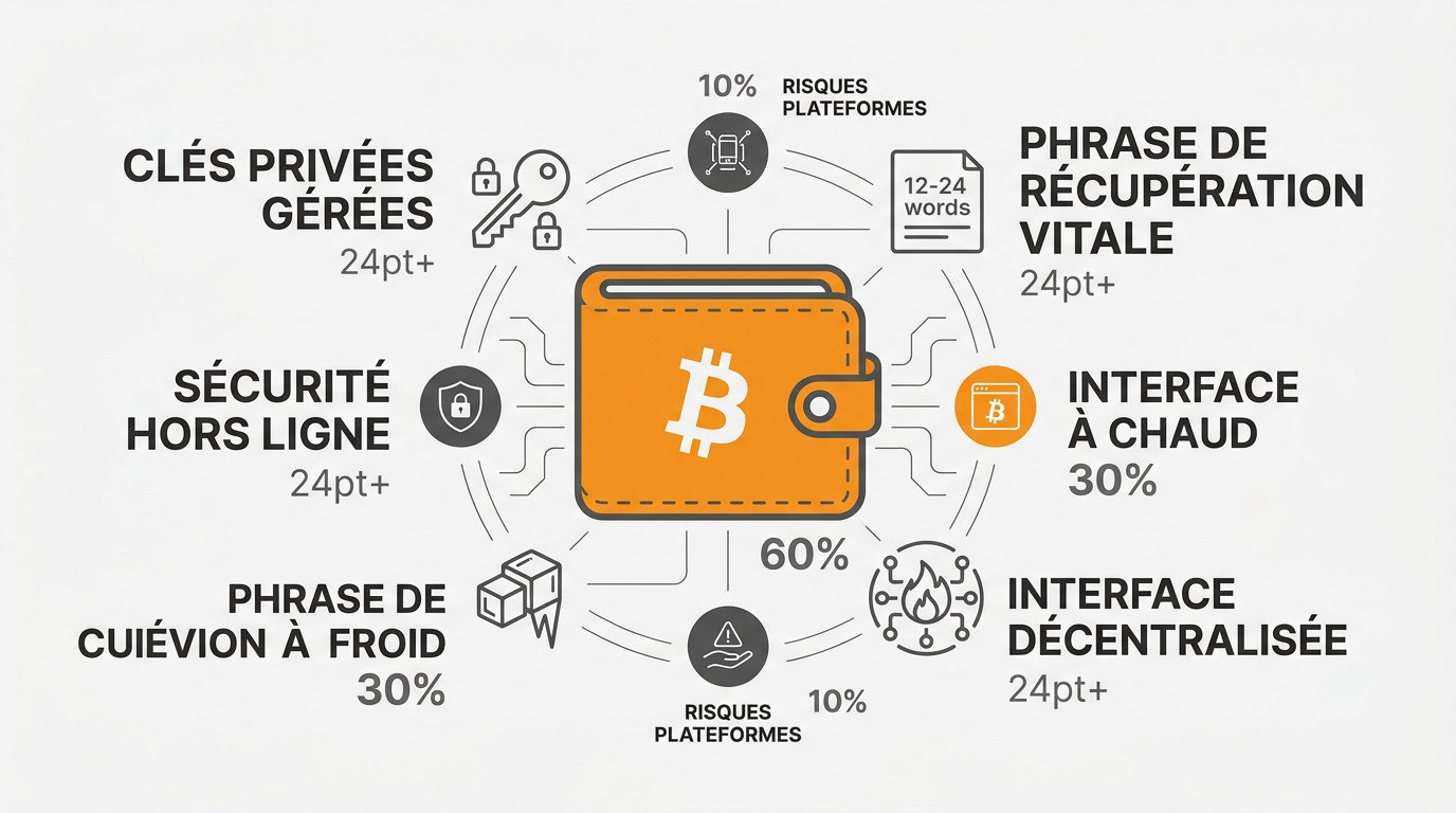 Infographie sur le fonctionnement des clés et de la phrase de récupération Bitcoin.