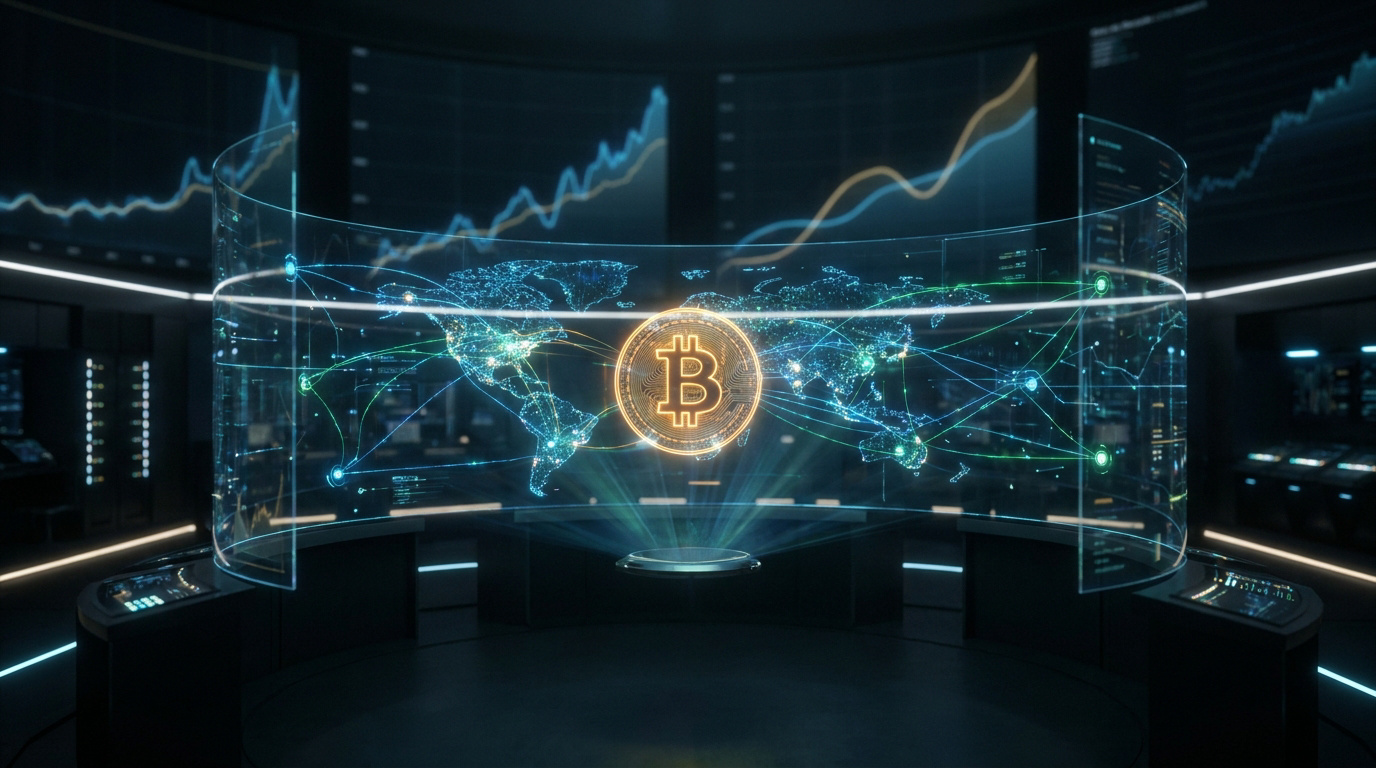 Symbole Bitcoin doré flottant devant une carte du monde numérique dans un centre de contrôle technologique futuriste.