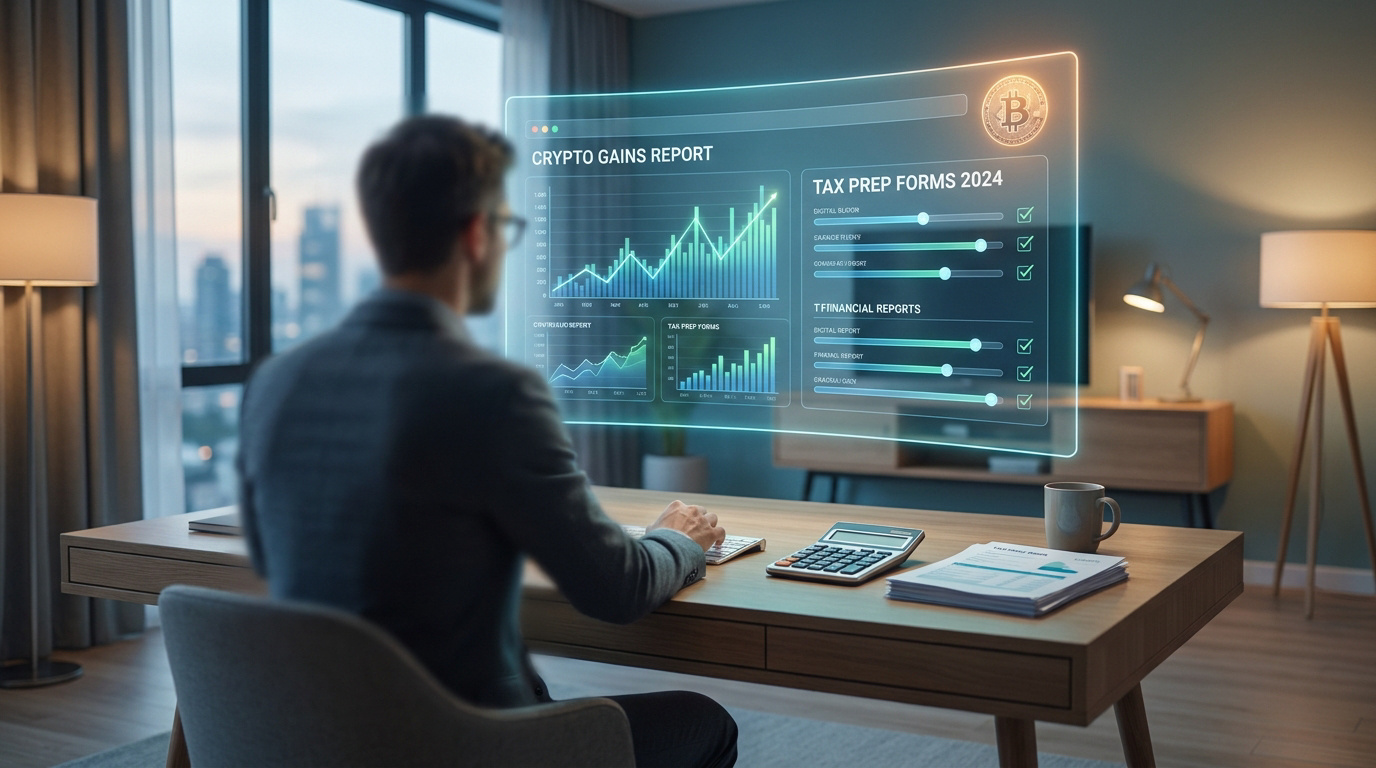 Un homme d'affaires consulte un tableau de bord numérique flottant affichant des graphiques de gains en crypto-monnaies.