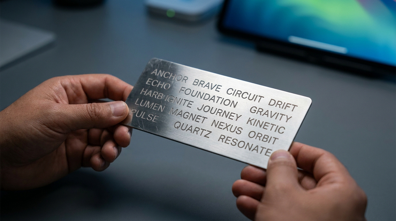 Mains tenant une plaque en acier inoxydable gravée avec des mots de récupération pour un portefeuille Bitcoin.