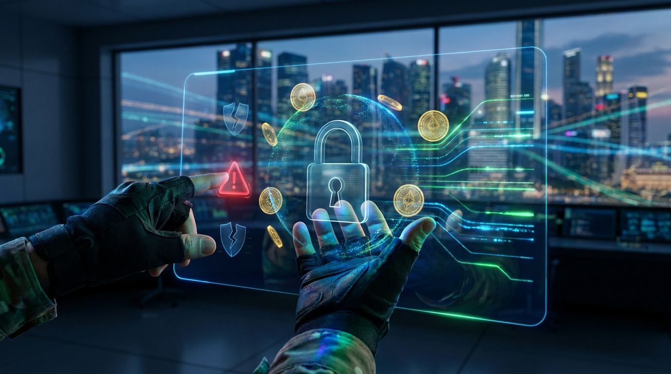 Mains gantées interagissant avec une interface holographique affichant un cadenas numérique et des alertes de sécurité.